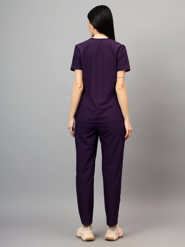 Stretchable (4Way) Female Violet V-Neck With Straight Pant Scrub Set