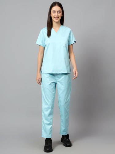Stretchable (2Way) Female Aqua Blue V-Neck With Straight Pant Scrub Set
