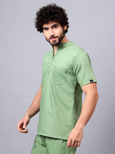 Stretchable (2Way) Male Pista Green Mandarin Neck With Straight Pant Scrub Set