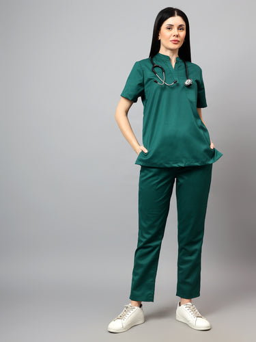 Stretchable (2Way) Female Hunter Green Mandarin Neck With Straight Pant Scrub Set
