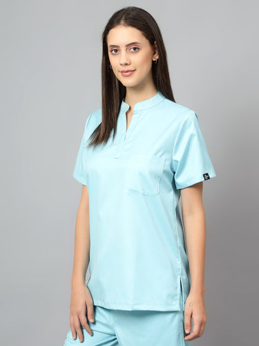 Stretchable (2Way) Female Aqua Blue Mandarin Neck Scrub Top