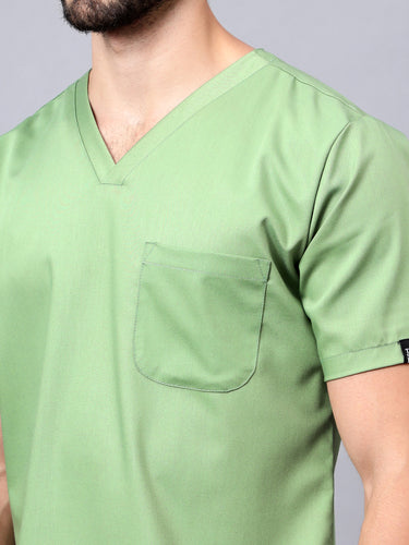 Stretchable (2Way) Male Pista Green V-Neck With Straight Pant Scrub Set