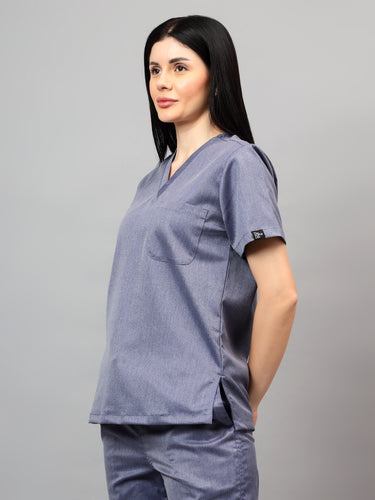 Stretchable (2Way) Female Denim Blue Texture V-Neck With Straight Pant Scrub Set