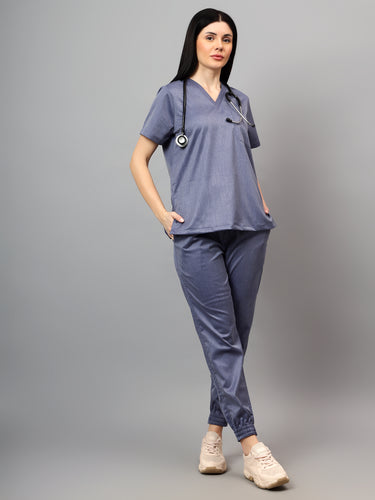 Stretchable (2Way) Female Denim Blue Texture V-Neck With Jogger Scrub Set
