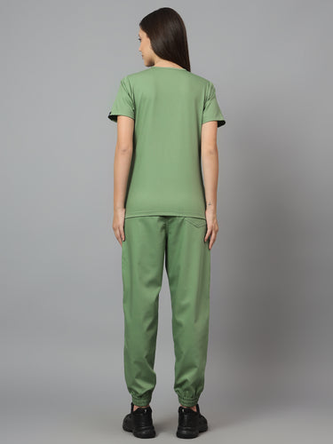 Stretchable (2Way) Female Pista Green V-Neck With Jogger Scrub Set