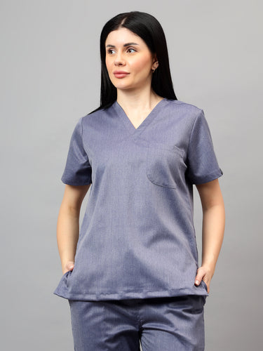 Stretchable (2Way) Female Denim Blue Texture V-Neck Scrub Top