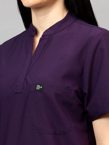 Stretchable (4Way) Female Violet Mandarin Neck With Straight Pant Set