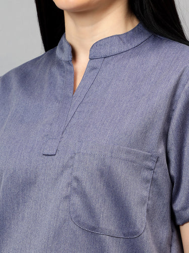 Stretchable (2Way) Female Denim Blue Texture Mandarin Neck With Jogger Scrub Set