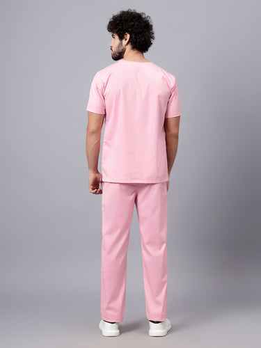 Stretchable (2Way) Male Powder Pink V-Neck With Straight Pant Scrub Set