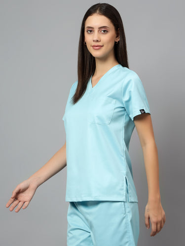 Stretchable (2Way) Female Aqua Blue V-Neck Scrub Top