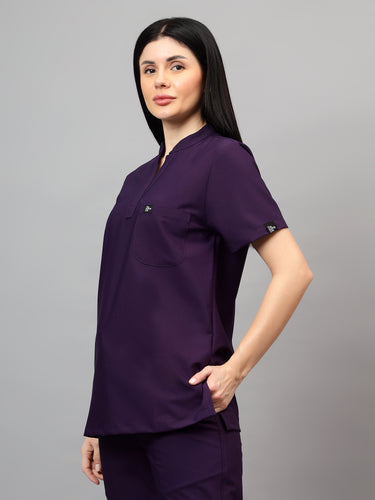 Stretchable (4Way) Female Violet Mandarin Neck With Jogger Scrub Set