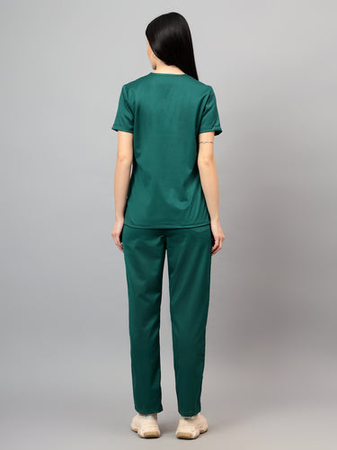 Stretchable (2Way) Female Hunter Green V-Neck With Straight Pant Scrub Set