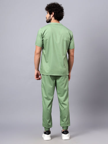 Stretchable (2Way) Male Pista Green Mandarin Neck With Jogger Scrub Set
