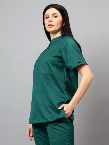 Stretchable (2Way) Female Hunter Green Mandarin Neck With Straight Pant Scrub Set