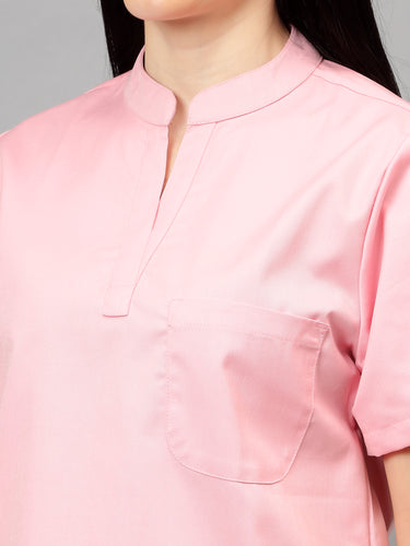 Stretchable (2Way) Female Powder Pink Mandarin Neck With Straight Pant Scrub Set