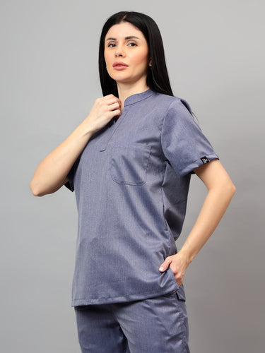Stretchable (2Way) Female Denim Blue Textured Mandarin Neck Scrub Top