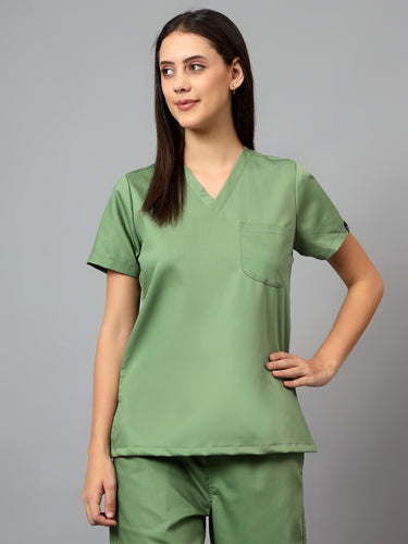 Stretchable (2Way) Female Pista Green V-Neck With Straight Pant Scrub Set