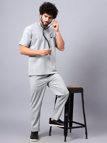 Stretchable (4Way) Male Light Grey Mandarin Neck with Straight Pant Scrub Set