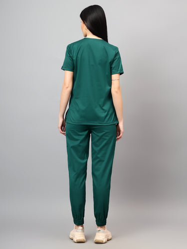 Stretchable (2Way) Female Hunter Green Mandarin Neck With Jogger Scrub Set