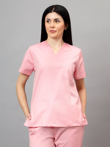 Stretchable (2Way) Female Powder Pink V-Neck With Straight Pant Scrub Set