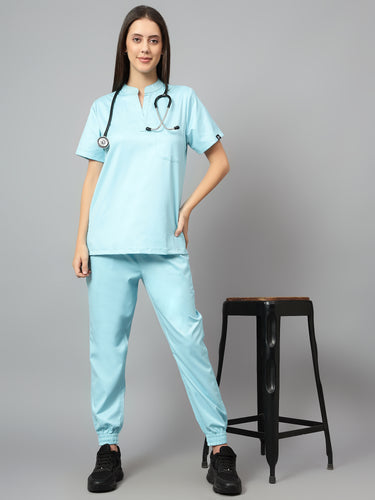 Stretchable (2Way) Female Aqua Blue Mandarin Neck With Jogger Scrub Set