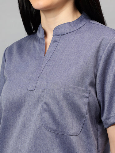 Stretchable (2Way) Female Denim Blue Texture Mandarin Neck With Straight Pant Scrub Set