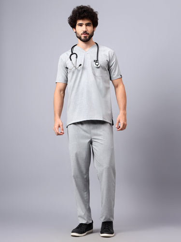 Stretchable (4Way) Male Light Grey V-Neck With Straight Pant Scrub Set