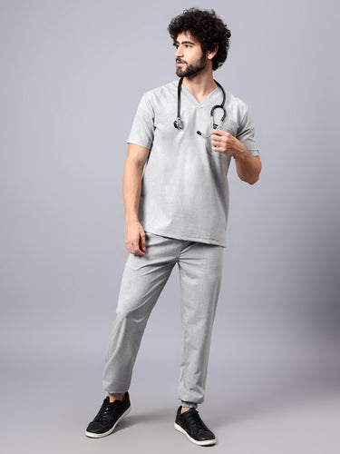 Stretchable (4Way) Male Light Grey V-Neck With Jogger Scrub Set