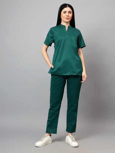 Stretchable (2Way) Female Hunter Green Mandarin Neck With Straight Pant Scrub Set