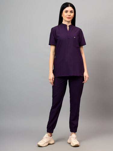 Stretchable (4Way) Female Violet Mandarin Neck With Jogger Scrub Set