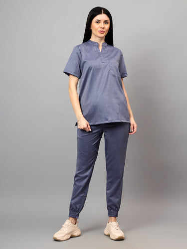 Stretchable (2Way) Female Denim Blue Texture Mandarin Neck With Jogger Scrub Set