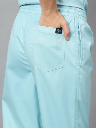 Stretchable (2Way) Female Aqua Blue Mandarin Neck With Straight Pant Scrub Set