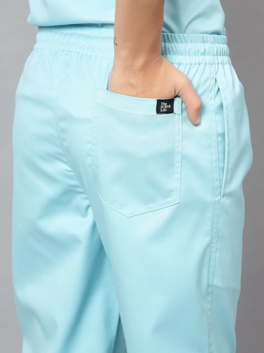 Stretchable (2Way) Female Aqua Blue Mandarin Neck With Jogger Scrub Set