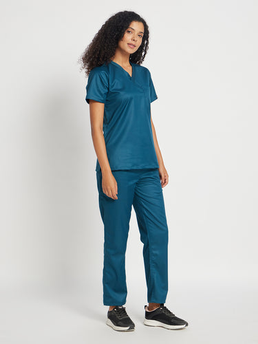 Stretchable (2Way) Female Forest Green V-Neck With Straight Pant Scrub Set