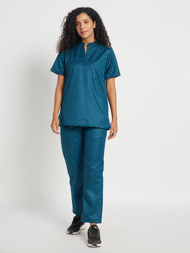 Stretchable (2Way) Female Forest Green Mandarin With Straight Pant Scrub Set
