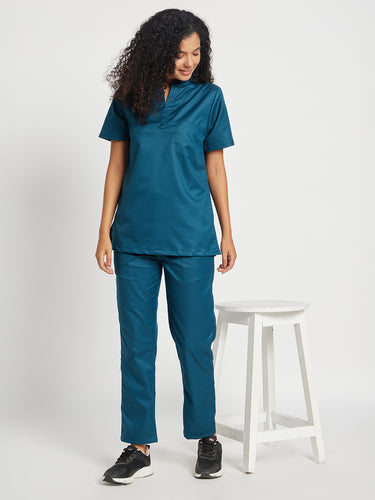 Stretchable (2Way) Female Forest Green Mandarin With Straight Pant Scrub Set