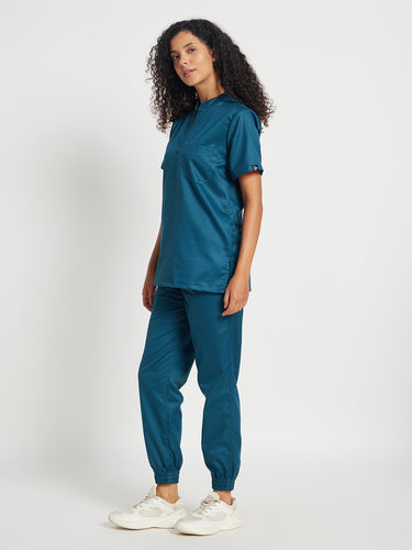Stretchable (2Way) Female Forest Green Mandarin Neck With Jogger Scrub Set