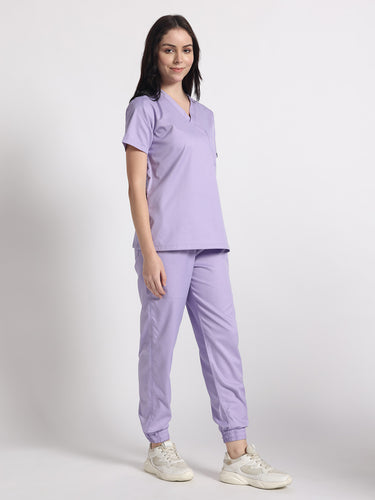 Stretchable (2Way) Female Lavender V-Neck With Jogger Scrub Set