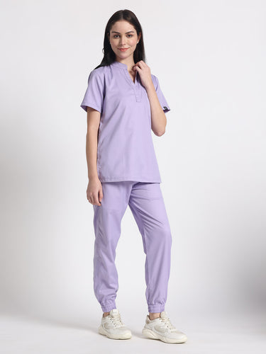 Stretchable (2Way) Female Lavender Mandarin Neck With Jogger Scrub Set
