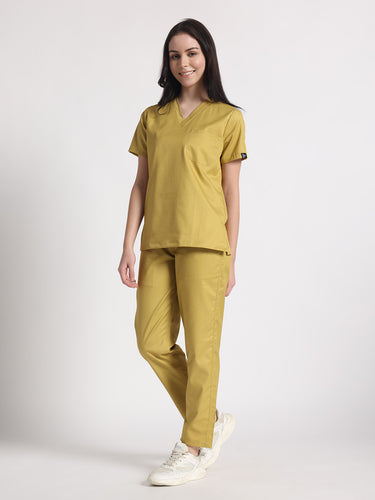 Stretchable (2Way) Female Mustard V-Neck With Straight Pant Scrub Set