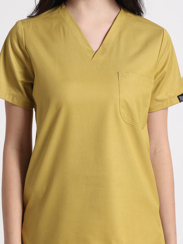 Stretchable (2Way) Female Mustard V-Neck With Straight Pant Scrub Set