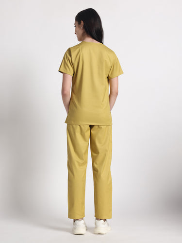 Stretchable (2Way) Female Mustard V-Neck With Straight Pant Scrub Set