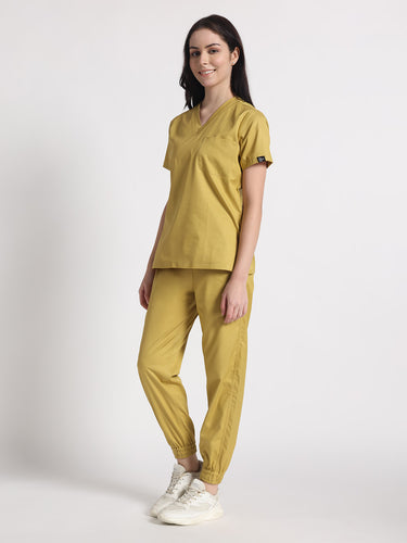 Stretchable (2Way) Female Mustard V-Neck With Jogger Scrub Set