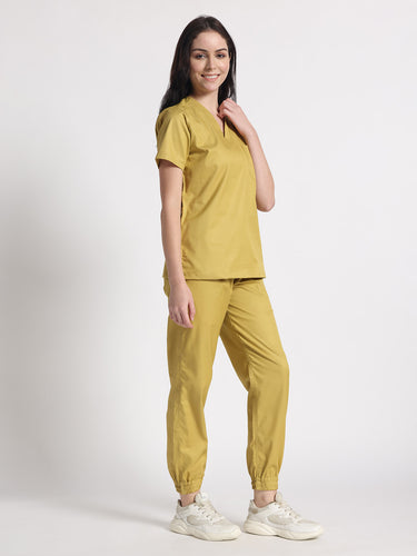Stretchable (2Way) Female Mustard V-Neck With Jogger Scrub Set