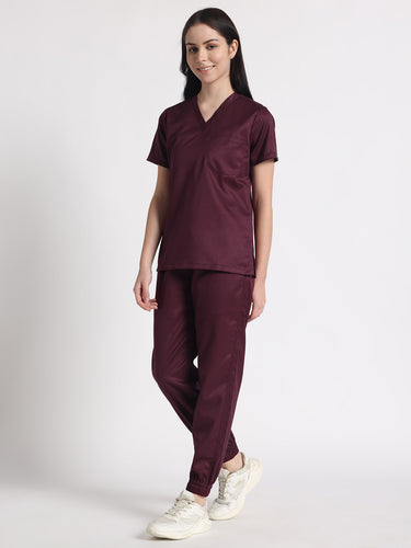Stretchable (2Way) Female Wine V-Neck With Jogger Scrub Set
