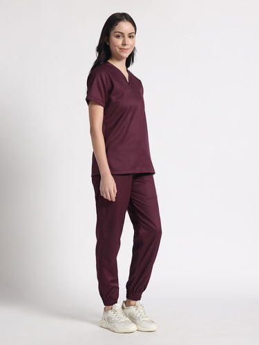 Stretchable (2Way) Female Wine V-Neck With Jogger Scrub Set
