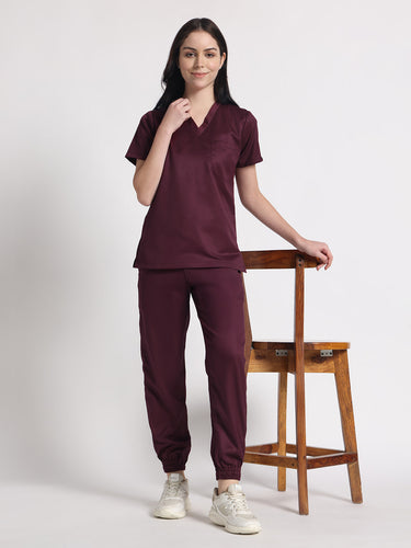 Stretchable (2Way) Female Wine V-Neck With Jogger Scrub Set