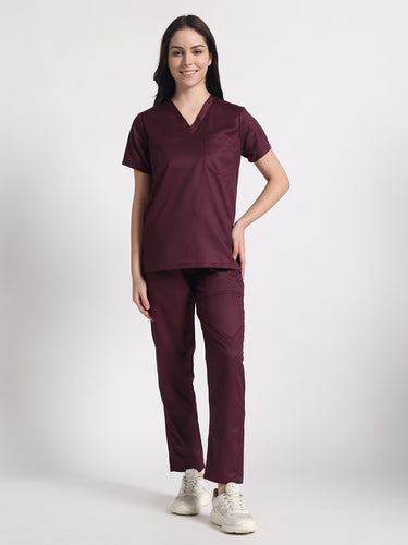 Stretchable (2Way) Female Wine V-Neck With Straight Pant Scrub Set