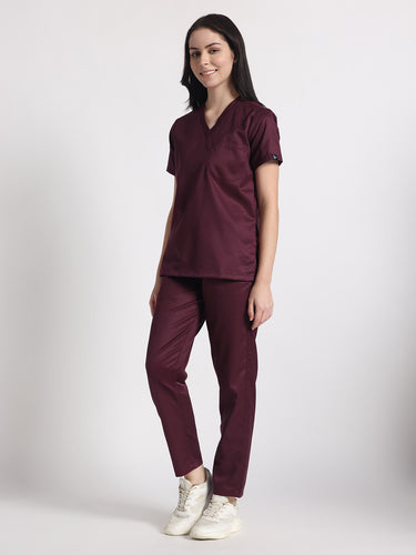 Stretchable (2Way) Female Wine V-Neck With Straight Pant Scrub Set