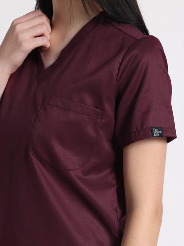 Stretchable (2Way) Female Wine V-Neck With Straight Pant Scrub Set
